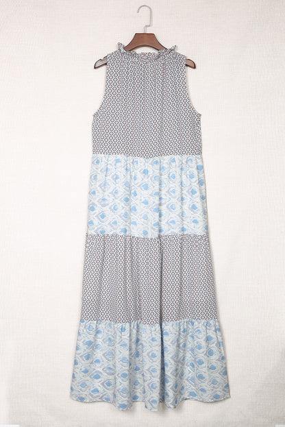 Sky Blue Abstract Print Split Neck Sleeveless Maxi Dress