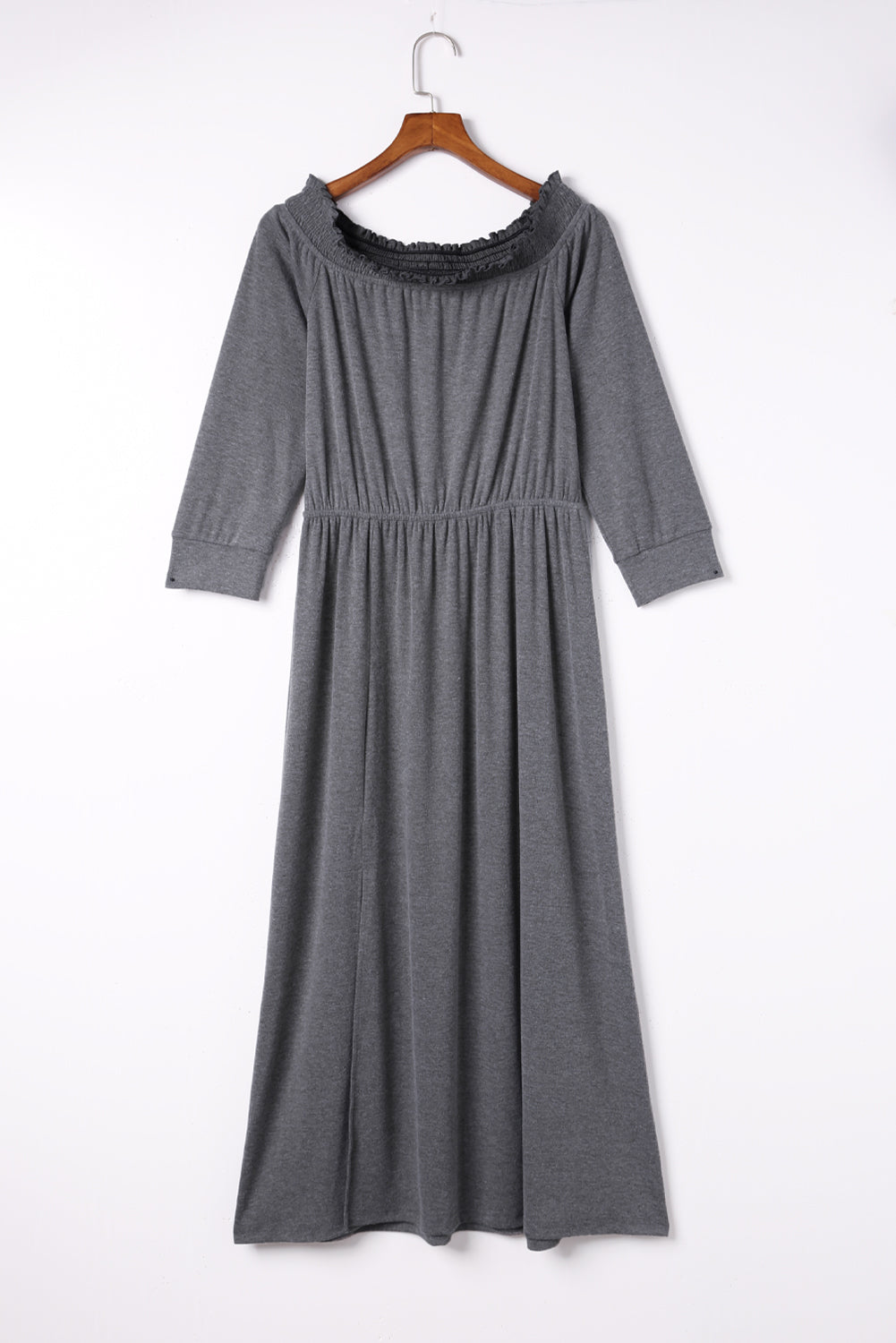 Gray Shirred Off Shoulder Maxi Dress with Split