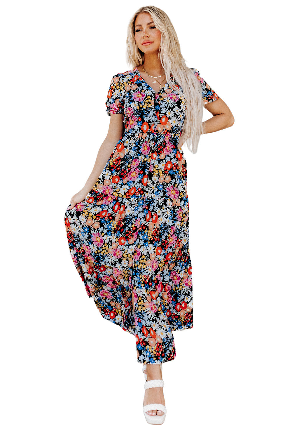 Black Short Sleeve Boho Floral Pattern Tiered Maxi Dress