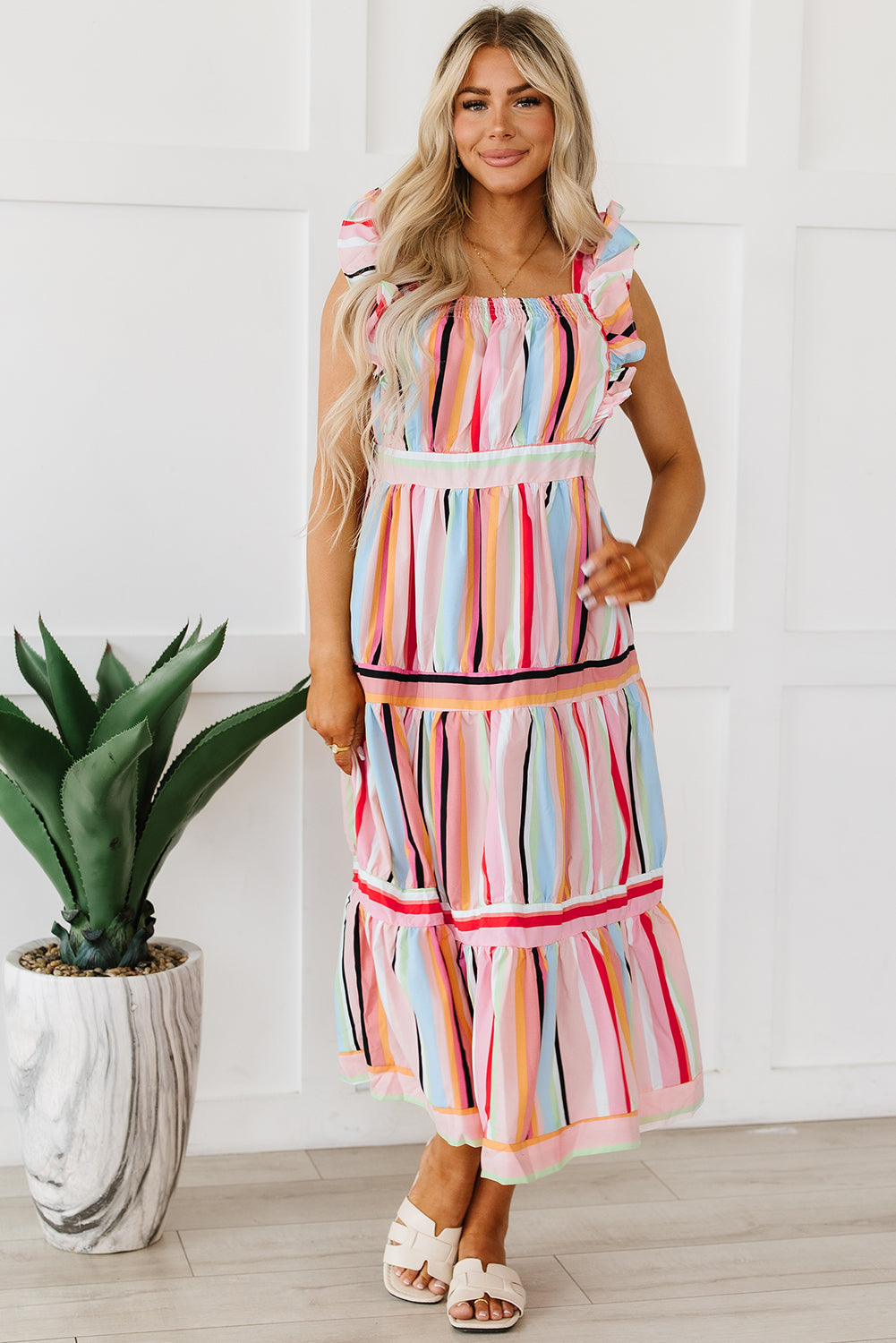 Pink Rainbow Stripe Ruffles Ruched Tiered Dress