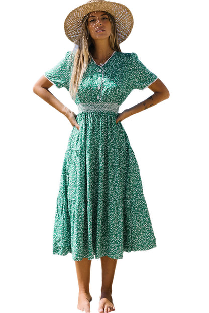 Green Floral Print Lace Splicing Flared High Waist Midi Dress