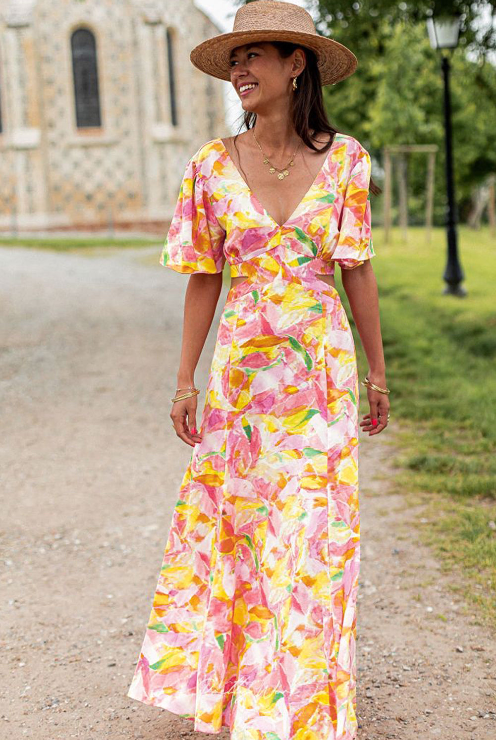 Pink Bohemian Flutter Sleeve Cut out Floral Maxi Dress