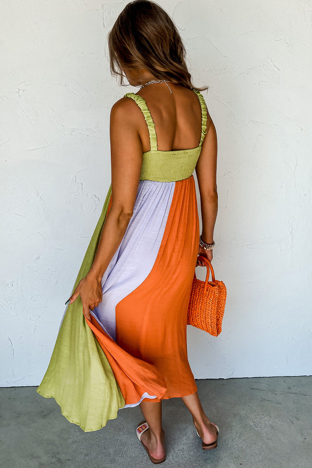 Green Color Block Shirred High Waist Fit and Flare Maxi Dress