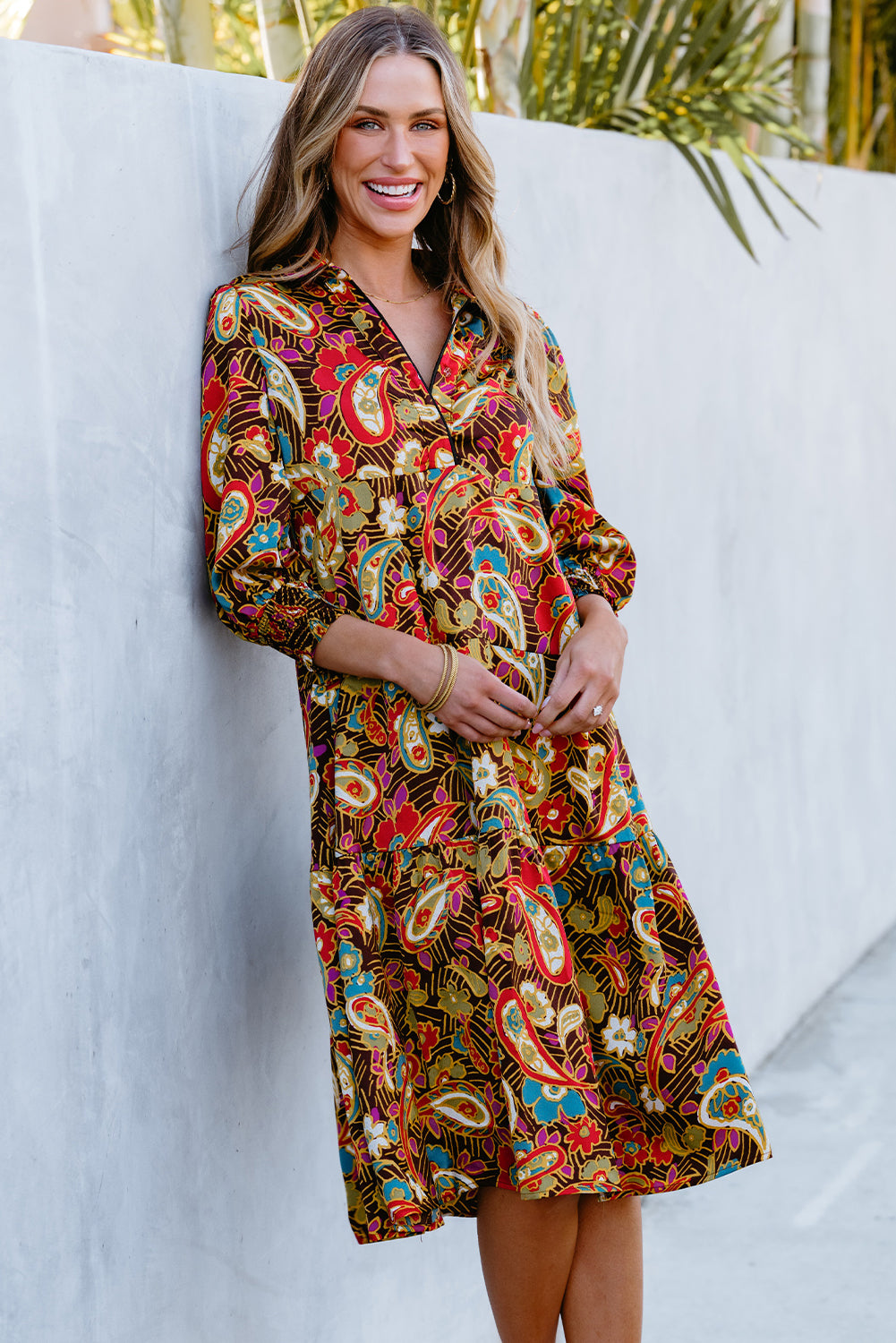 Yellow Paisley Mixed Print Collared 3/4 Sleeve Midi Dress