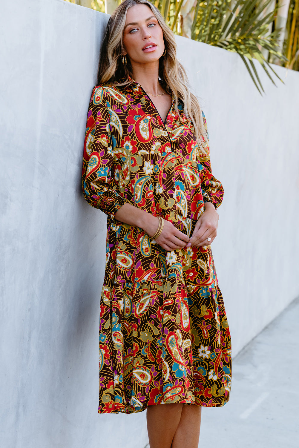 Yellow Paisley Mixed Print Collared 3/4 Sleeve Midi Dress