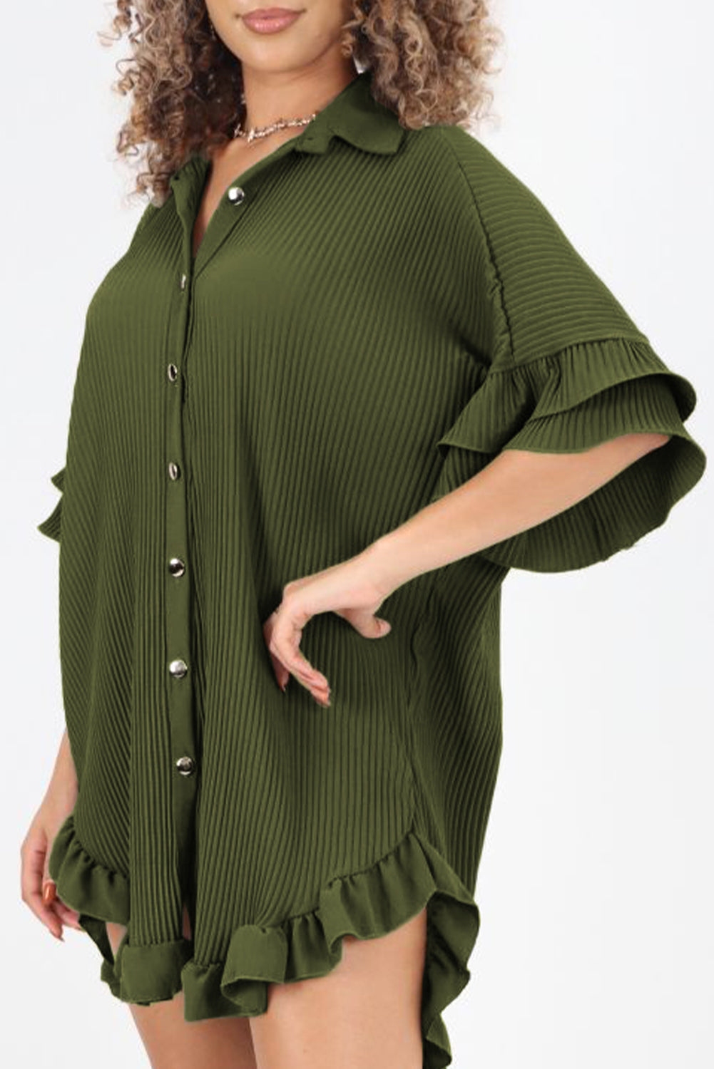 Moss Green High-low Hem Ruffle Sleeve Pleated Shirt Dress