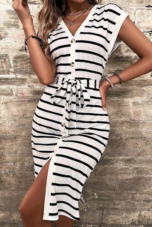 Striped Button Slit Tie V-Neck Midi Dress