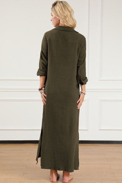 Green Crinkle Button Up Casual Split Shirt Maxi Dress