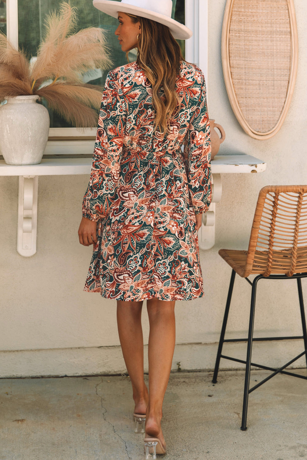 Brown Geometric Print Long Sleeve Surplice Flowy Dress