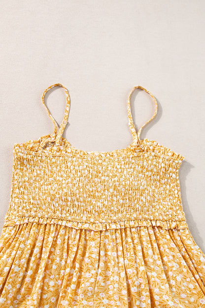 Yellow Frilly Smocked High Waist Floral Maxi Dress