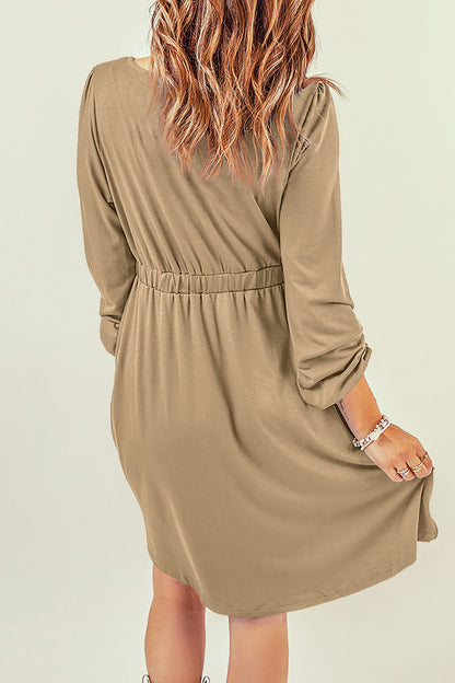 Khaki Button Up High Waist Long Sleeve Dress