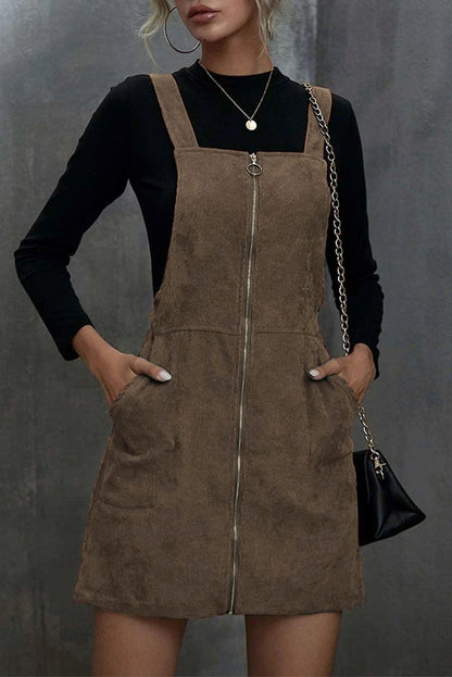 Brown O-ring Zip Up Pocketed Corduroy Dress