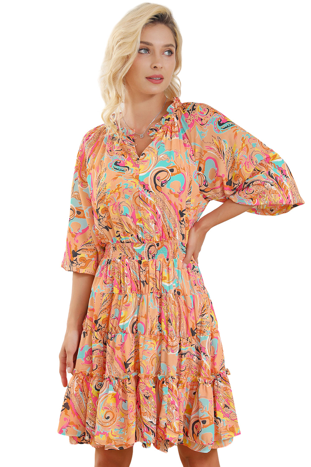 Multicolour Paisley Print Frilled Mini Dress