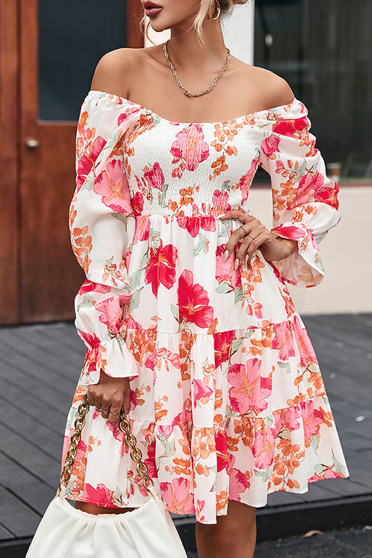 Fiery Red Smocked Tiered Floral Dress