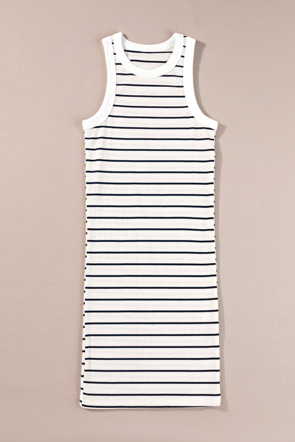 White Stripe Ribbed Knit Tank Mini Dress