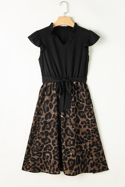 Black Flutter Sleeve Bodice Splicing Leopard Print Dress