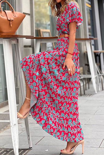 Red V Neck Flutter Sleeve Floral Print Ruffled Maxi Dress