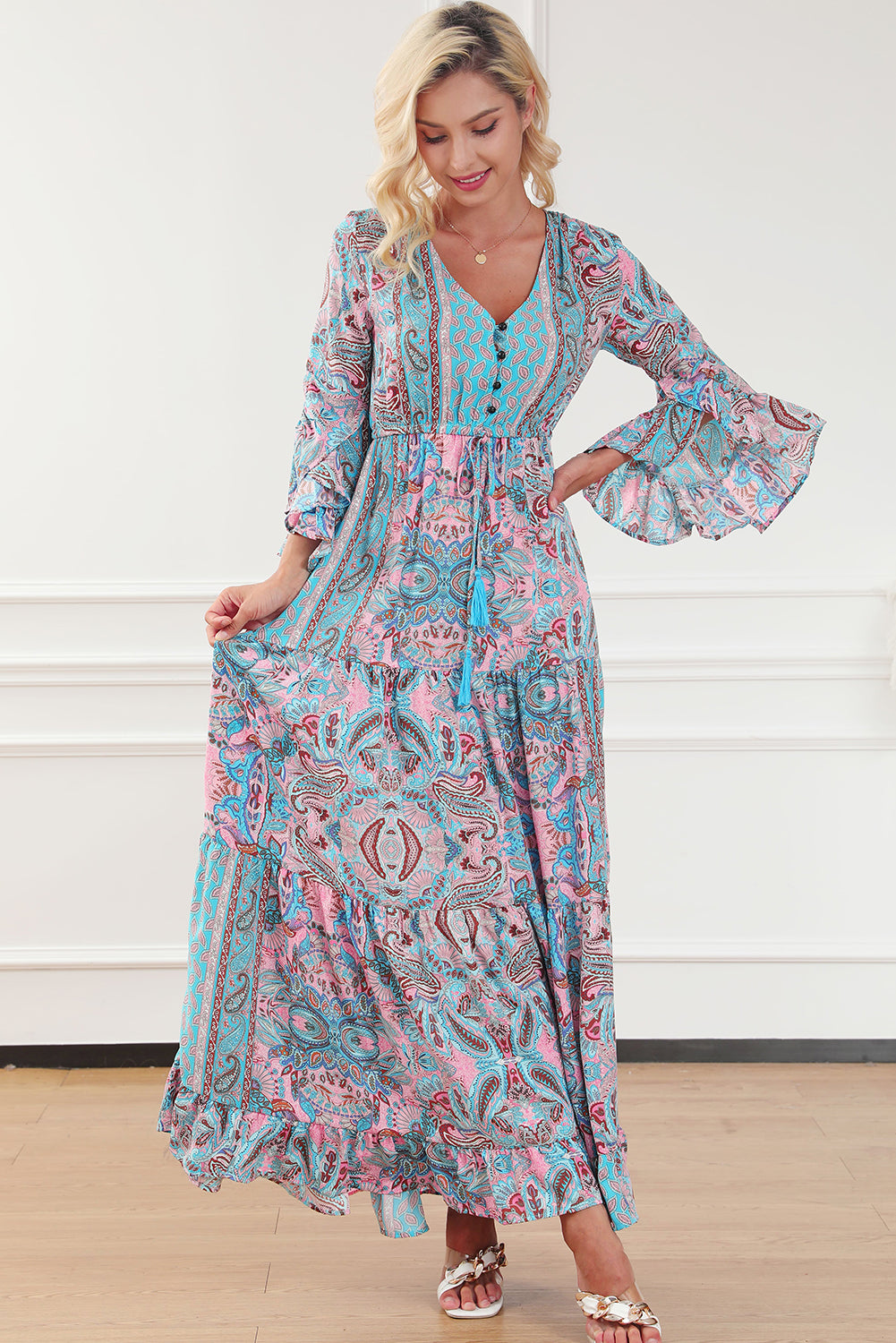 Paisley Printed Ruffle Trim Elegant Maxi Dress