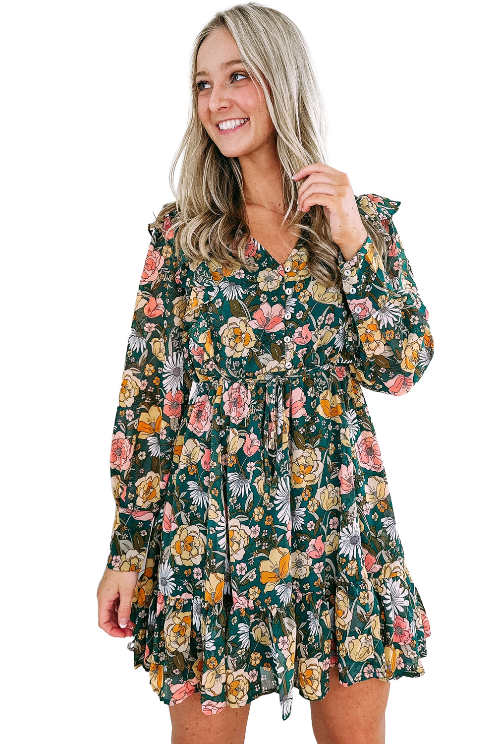 Green Buttoned Bodice Ruffled Floral Dress