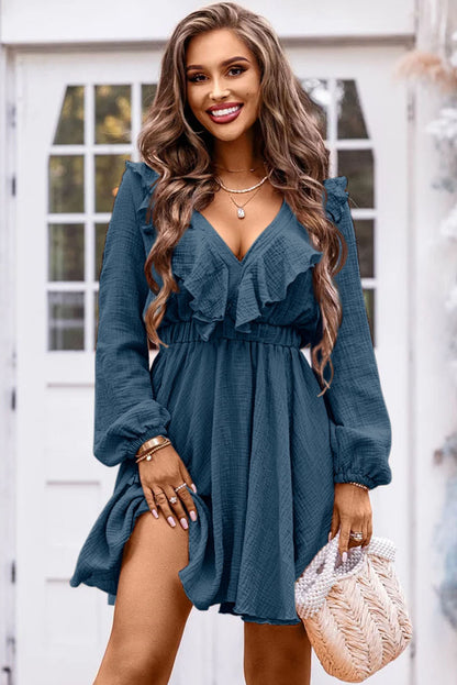 Blue Textured Ruffled V Neck High Waist Mini Dress