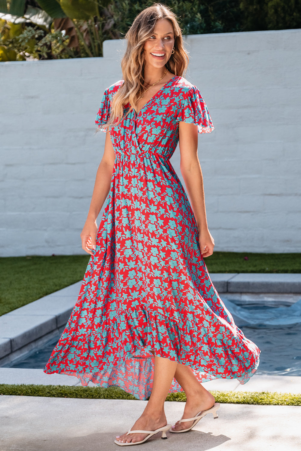 Red V Neck Flutter Sleeve Floral Print Ruffled Maxi Dress