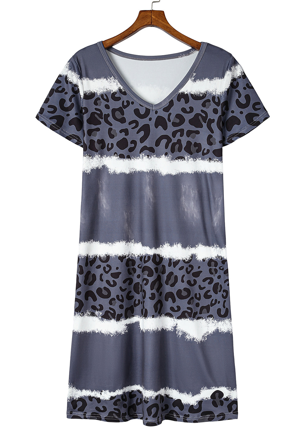 Gray Leopard Color Block V-Neck T-shirt Dress