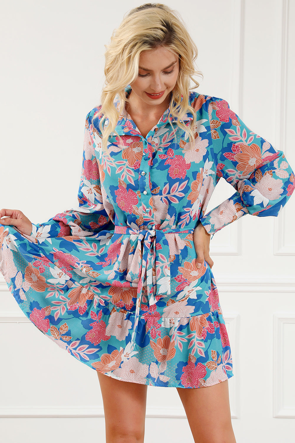 Blue Floral Print Lantern Sleeve Belted Shirt Dress