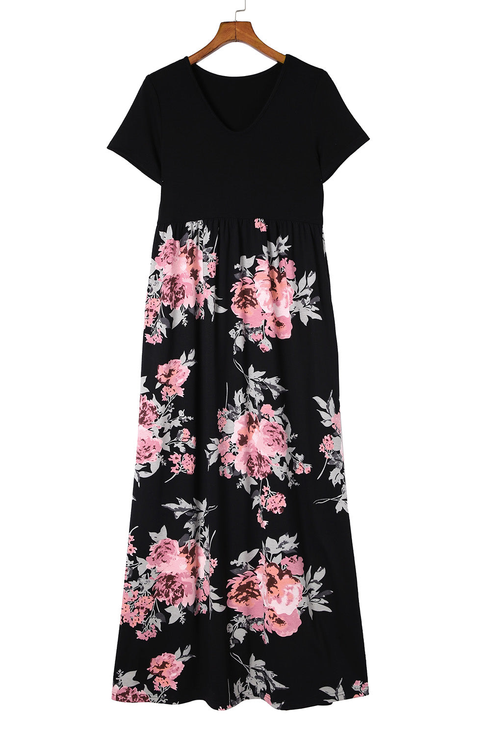 Black Contrast Floral Empire Waist Maxi Dress