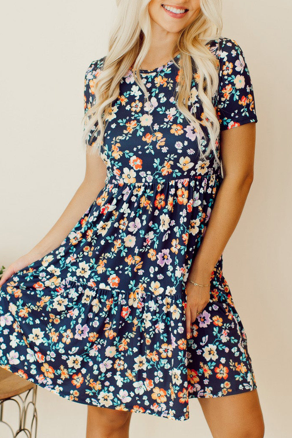 Blue Short Sleeve A-line Floral Dress