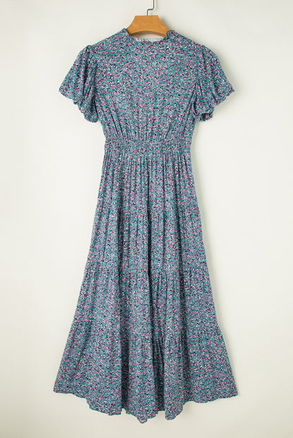 Blue Printed V Neck Shirred Short Puff Sleeve Maxi Dress