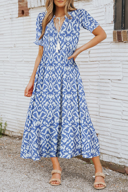 Sky Blue V Neck Casual Geometric Print Maxi Dress