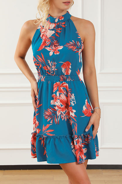 Sky Blue Floral Print Sleeveless Ruffled Mini Dress