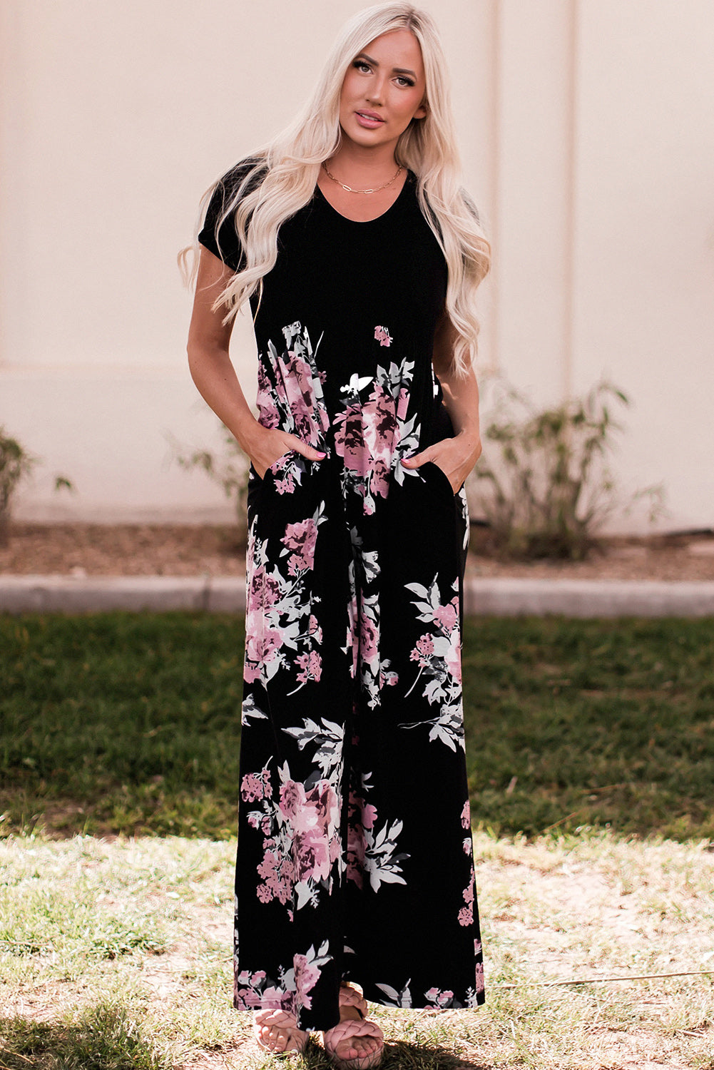 Black Contrast Floral Empire Waist Maxi Dress