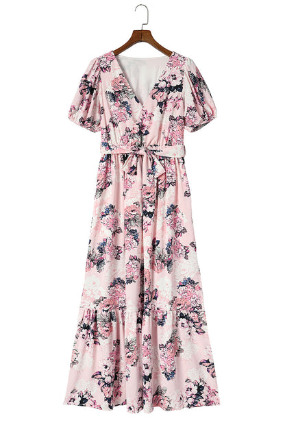 Pink Floral Puff Sleeve High Waist Maxi Dress