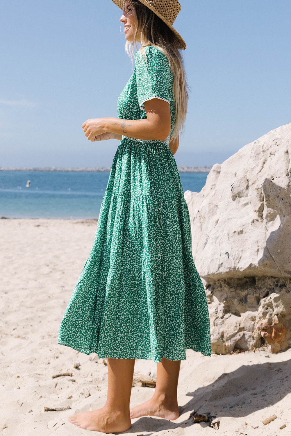 Green Floral Print Lace Splicing Flared High Waist Midi Dress