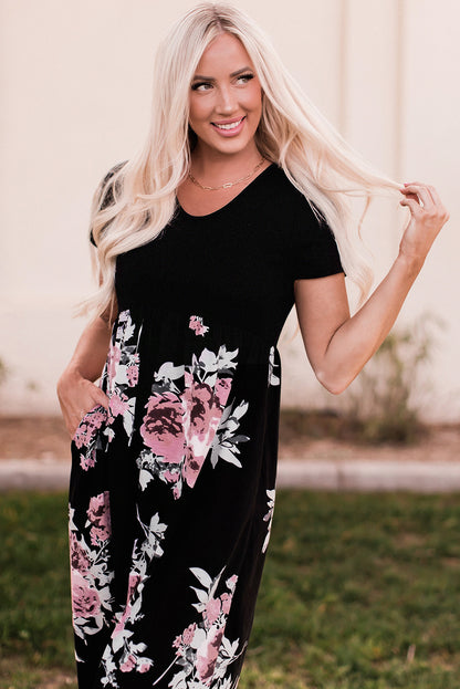 Black Contrast Floral Empire Waist Maxi Dress