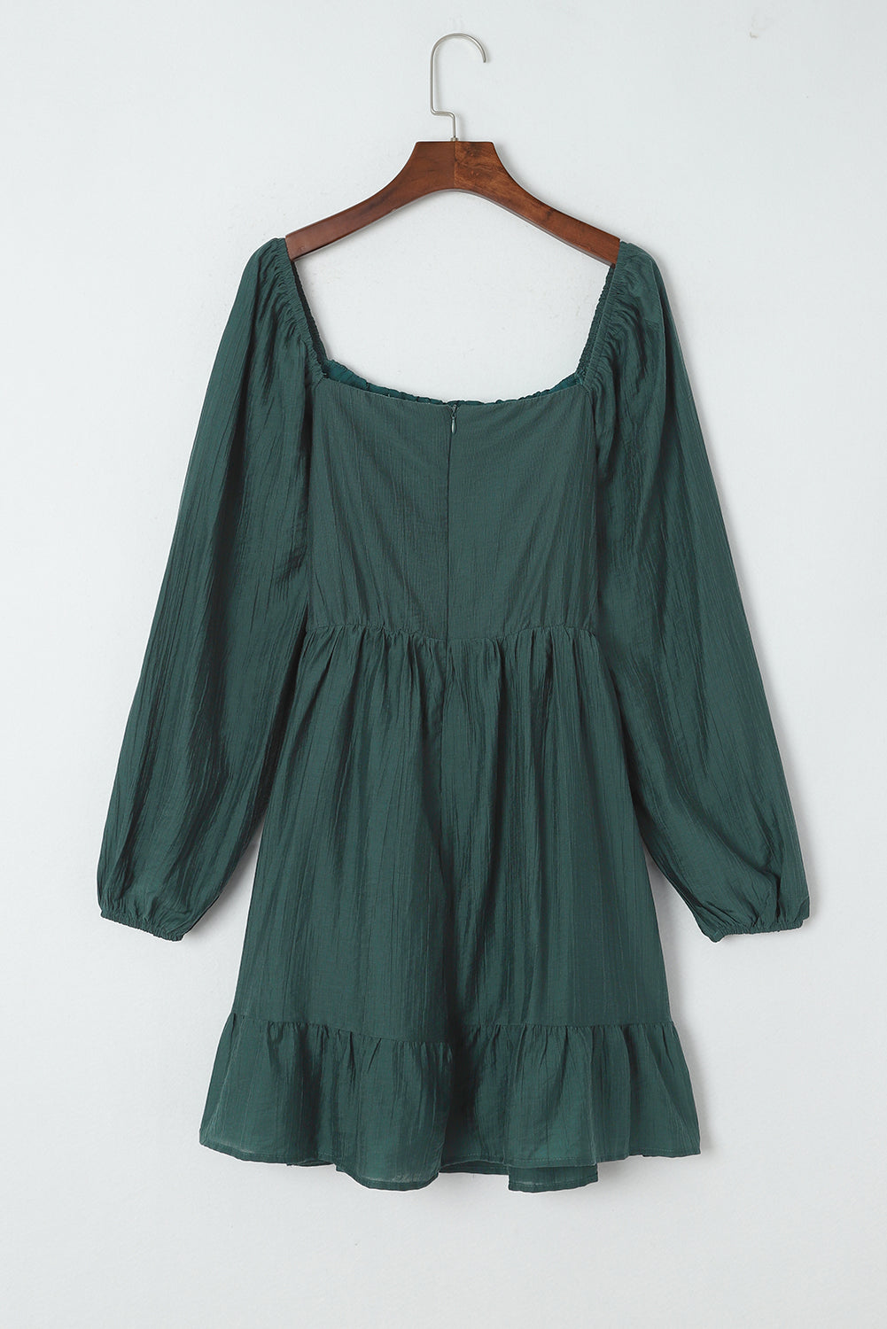 Green Ruched Square Neck Puff Sleeve Mini Dress