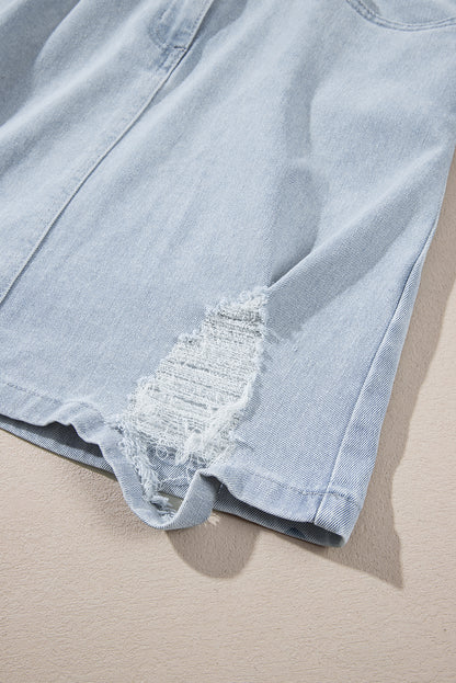 Light Blue Acid Wash Flap Pockets Frayed Denim Dress