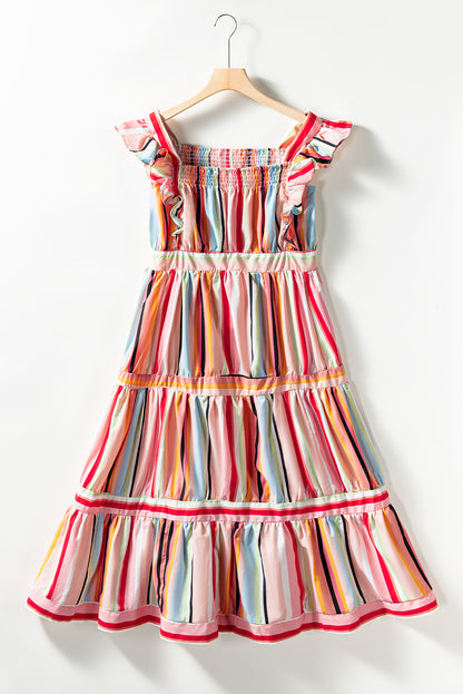 Pink Rainbow Stripe Ruffles Ruched Tiered Dress