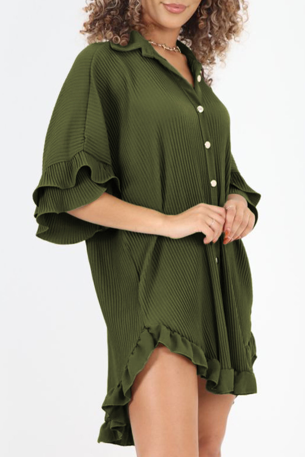 Moss Green High-low Hem Ruffle Sleeve Pleated Shirt Dress