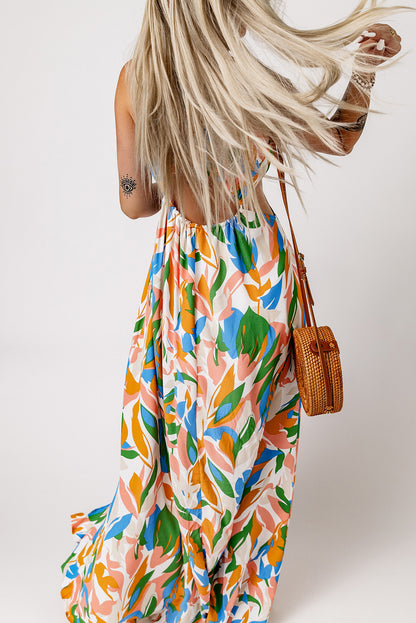 Multicolor Leaf Print Cut-out High Slit Maxi Dress