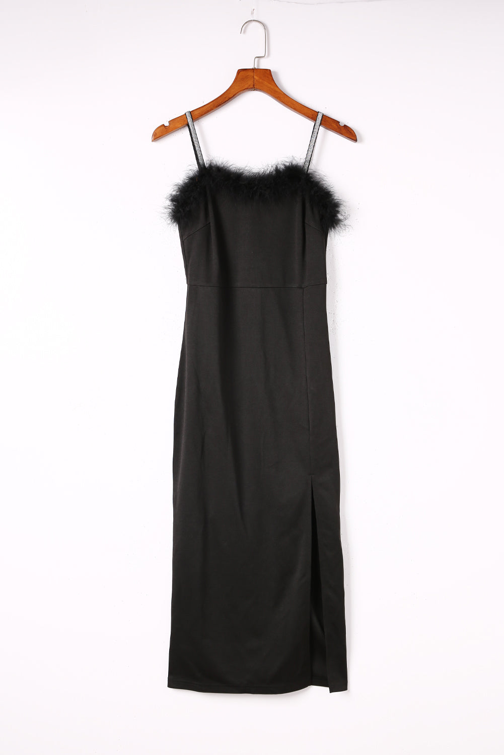 Black Rhinestone Straps Feather Trim Bodycon Midi Dress with Slit