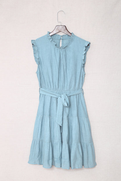 Sky Blue Frilled Neck Sleeveless Tiered Tulle Dress