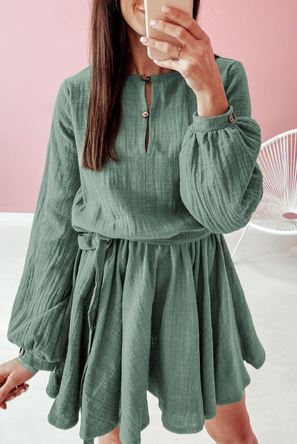 Jungle Green Button Neck Puff Sleeve Belted Pleated Mini Dress