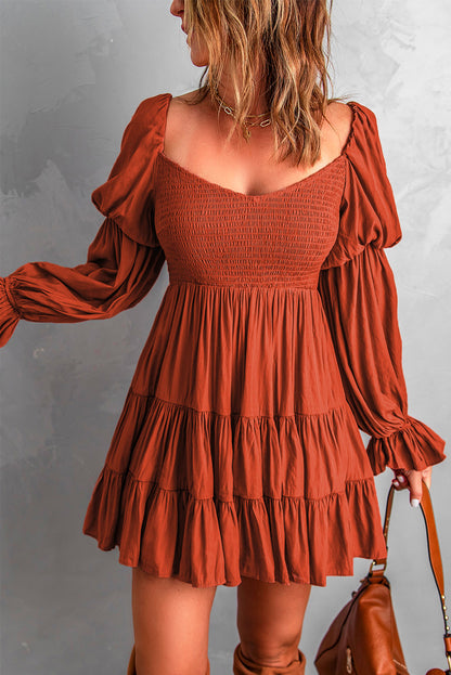 Brown Boho Solid Shirred Ruffle Mini Dress