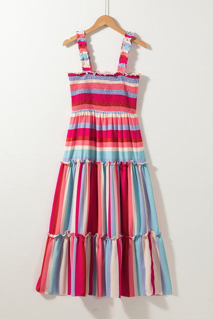 Red Stripe Ruffled Straps Smocked Tiered Long Dress