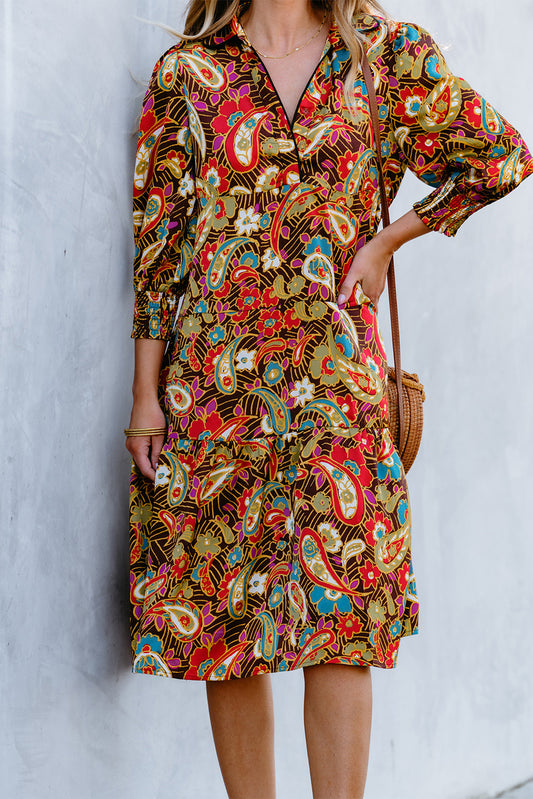 Yellow Paisley Mixed Print Collared 3/4 Sleeve Midi Dress