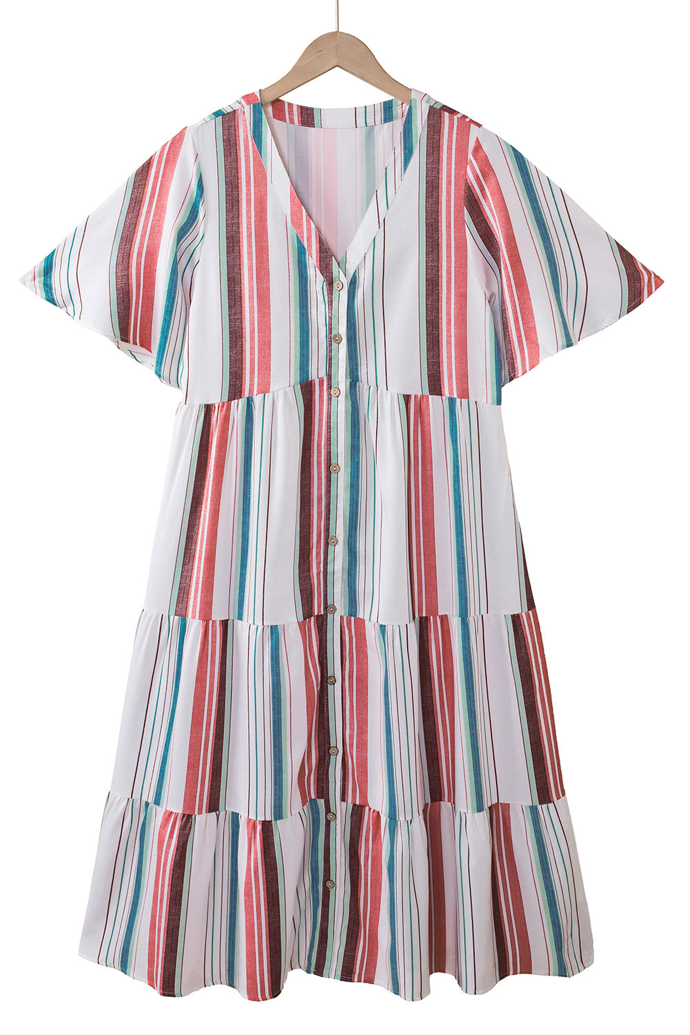 Serape Striped V Neck Buttoned Shirt Dress