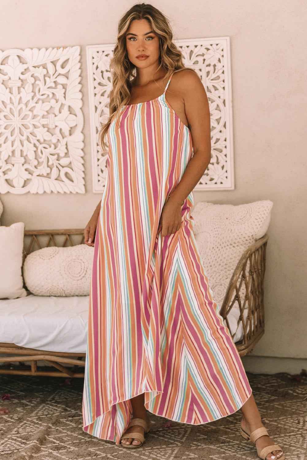 Bohemian Striped Print Sleeveless Holiday Maxi Dress