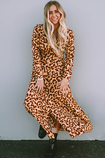 Leopard Button-Up Long Sleeve Maxi Dress